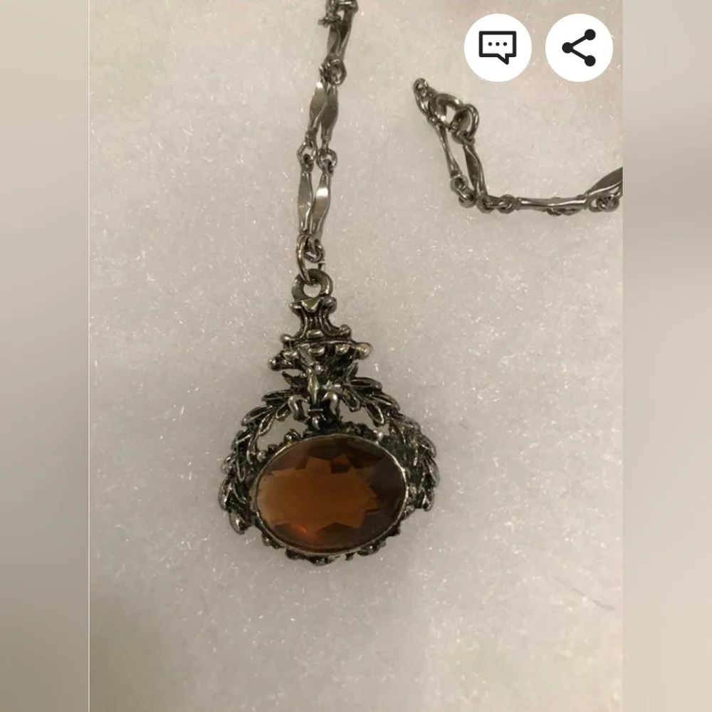 Vintage Gothic Like Necklace with Amber "Stone", Silver Toned Chain - Picture 3 of 6